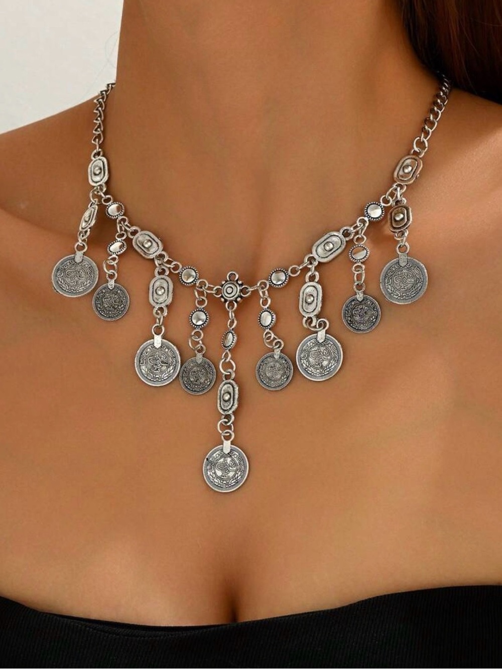 Silver Coin Dangle Choker Necklace - Women Jewelry